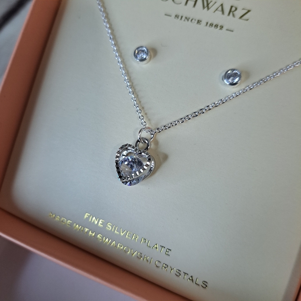 Fao Schwarz Silver Tone Heart Necklace With Crystal Accents